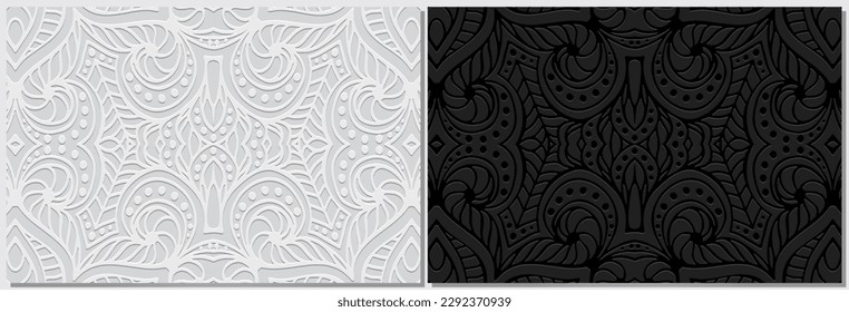 Black and white banners, cover design set, unique vector templates. Geometric volumetric fantasy ethnic 3D pattern, boho. Oriental, Indonesian, Mexican, Aztec style.