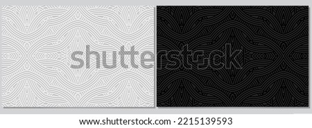 Black and white banners, cover design set, vector templates. Geometric volumetric convex 3D pattern. Tribal artistic ornamental ethnos of the East, Asia, India, Mexico, Aztecs, Peru.