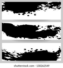 Black and white banners with black paint splash. Vector set of banners with brush strokes. Isolated on white background