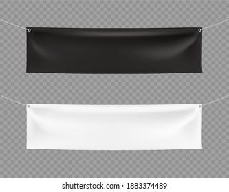Black and white banners. Vector realistic template. Mockup. Two hanging horizontal banners on the ropes on transparent background. Textiles, PVC, Vinyl, Nylon. for presentation, promotion, advertising