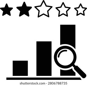 Black and white bar chart with magnifying glass highlighting tallest bar and rating stars above