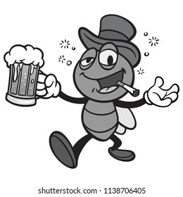 Black and White Bar Fly with Beer - A vector cartoon illustration of a Bar Fly with Beer.