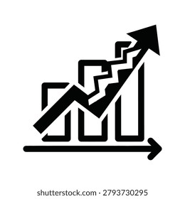 Black and white bar graph icon with an upward trend arrow business analysis