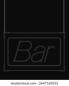 Black and white bar sign hanging from a string against a dark background. The rectangular sign features bold white lettering spelling "bar" for a simple yet striking design.