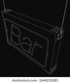 Black and white bar sign hanging from a curved pole, featuring bold white lettering on a rectangular board. The simple yet striking design evokes a vintage or retro aesthetic.