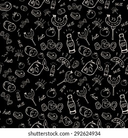 Black and white barbecue, grill, picnic seamless pattern with hand drawn elements of sausage, stake, fish, tomato. Pattern can be used for wallpaper, pattern fills, surface textures.