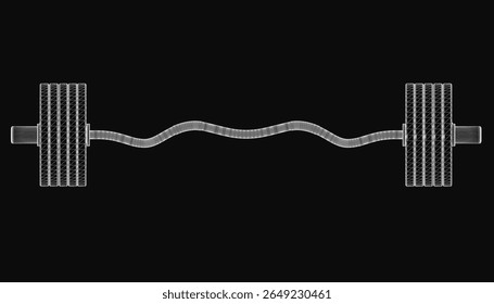 Um desenho de barbell preto e branco apresenta duas hastes de metal conectadas por linhas curvas, semelhantes a ondas em um fundo escuro. O design abstrato combina aptidão e talento artístico, ideal para temas esportivos.