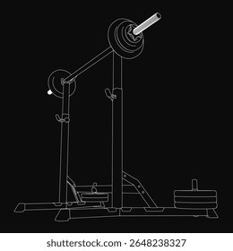 A black and white barbell drawing on a weightlifting machine features a detailed rod with attached bar and symmetrical dumbbell weight stacks. The clean, monochrome design stands out against a dark.