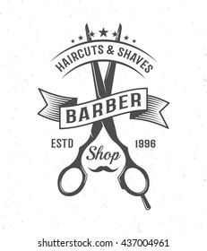 Black and white barber scissors composition with ribbon and name of barber shop vector illustration