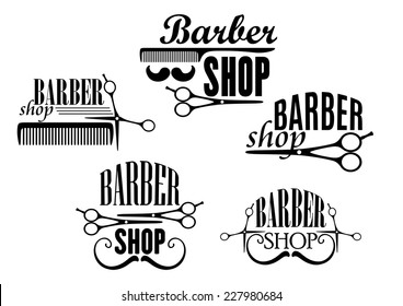 Black and white Barber Shop badges or signs with text decorated with moustaches, scissors and a comb. Vector illustration