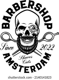 Calavera de barbero en blanco y negro con barba y tijeras