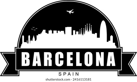 Black and white Barcelona Spain city buildings skyline negative air space silhouette dome shaped emblem with scroll banner below and name text inside. Vector eps graphic design.