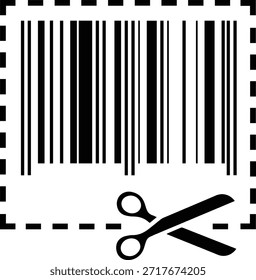 Die schwarz-weiße Barcodegrafik wird über einer gestrichelten Schnittlinie positioniert, wobei die Schere so positioniert ist, dass sie den einlösbaren Teil abtrennt, der eine Produktidentifizierung oder ein Coupon-Angebot für Verbraucher darstellt.