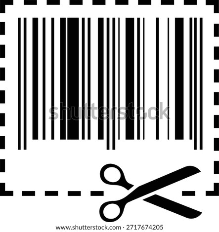 Black and white barcode graphic is positioned above a dashed cutting line with scissors poised to sever the redeemable portion representing a product identification or consumer coupon offer.