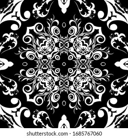 Schwarz-Weiß-Barock-nahtloses Muster. einfarbiger, blumengeschmückter Hintergrund. Wiederholen Sie die Damast-Hintergrundbilder. Vintage Blumen, Blätter, wirbelnde Linien. Viktorianische barocke Einrichtung. Ornate Design.