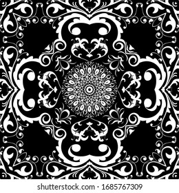Black and white Baroque seamless pattern. Monochrome ornamental floral background. Repeat ornate Damask backdrop. Vintage flowers, leaves, swirls, mandalas, frames.  Victorian baroque style ornament.