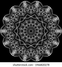 Black and white Baroque style round mandala pattern. Ornamental vector background. Floral ornament with vintage flowers, leaves, abstract shapes, circles. Rosette. Beautiful luxury decorative design.