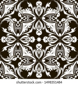 Black and white Baroque vector seamless pattern. Abstract ornamental floral background. Vintage Damask ornament with decorative flowers, leaves. Monochrome patterned design. Endless texture.