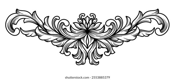 Black and white baroque victorian flourish floral ornament. Arabesque, scroll leaf decorative design.  filigree calligraphic heraldic vector illustration.