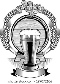 Black and white barrel and glass of beer decorative emblem