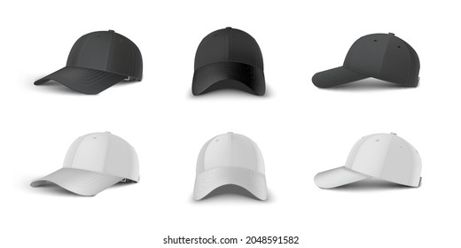 Perspectiva lateral de la gorra de béisbol en blanco y negro, lado, frente de visión realista conjunto de plantillas vectoriales.