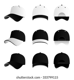 Black and white baseball cap vector set