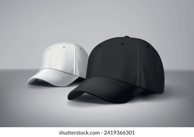 
Las gorras de béisbol blancas y negras se burlan de fondo gris, frontal y posterior o de lados diferentes. Para marca y publicidad.