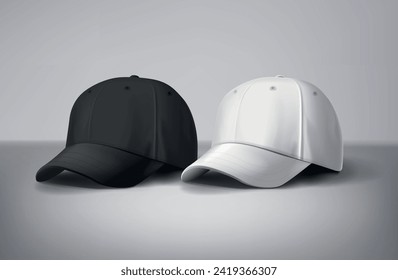 
Black and white baseball caps mock up in gray background, front and back or different sides. For branding and advertising.