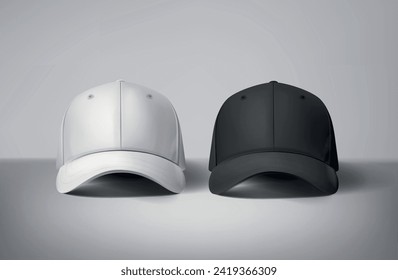 
Las gorras de béisbol blancas y negras se burlan de fondo gris, frontal y posterior o de lados diferentes. Para marca y publicidad.