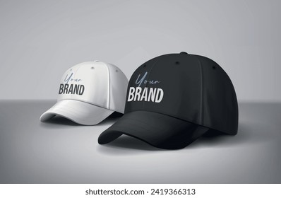 
Black and white baseball caps mock up with logo in gray background, front sides. For branding and advertising.