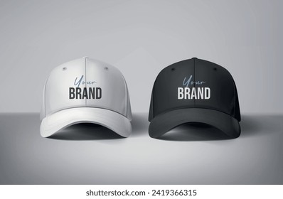 
Las gorras de béisbol blancas y negras se burlan del logo con fondo gris, los lados delanteros. Para marca y publicidad.