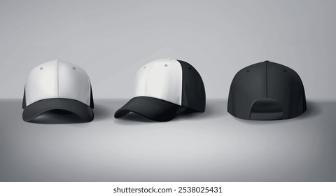 Black and white baseball caps mock up with logo in gray background, front sides. For branding and advertising.