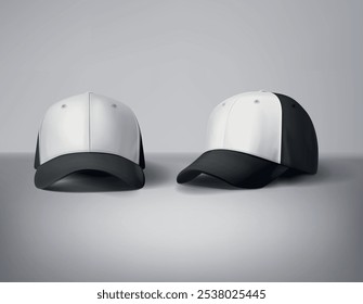 Black and white baseball caps mock up with logo in gray background, front sides. For branding and advertising.