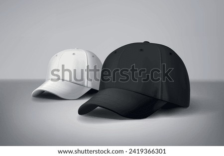 
Black and white baseball caps mock up in gray background, front and back or different sides. For branding and advertising.
