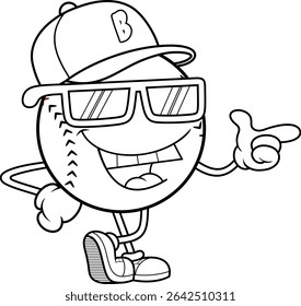 Black And White Baseball Cartoon Character Wearing Sunglasses And Pointing – Vector Hand Drawn Illustration Isolated On Transparent Background