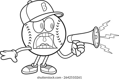 Black And White Baseball Cartoon Mascot Character Yelling With Megaphone And Wearing Cap – Vector Hand Drawn Illustration Isolated On Transparent Background