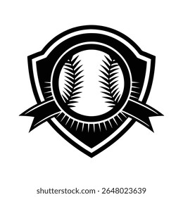 Black and White Baseball Emblem with Shield and Ribbon – Sports Logo Vector Icon