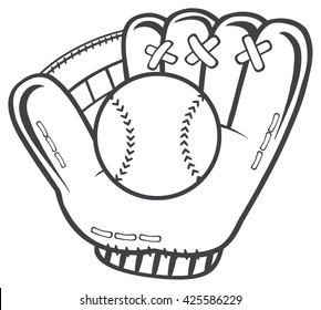 Black And White Baseball Glove And Ball. Vector Illustration Isolated On White Background