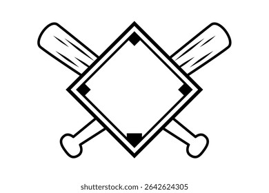 Black and white baseball monogram icon with crossed bats and diamond shape. Clipart image isolated on background.
