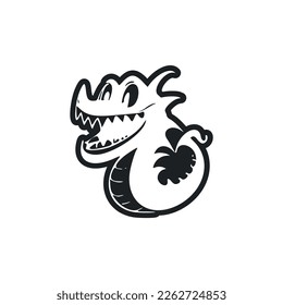 Black and white basic logo with an aesthetic cheerful crocodile.