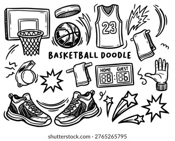 Black and white Basketball Doodle Set Hand Drawn Line Art Illustration with Hoop Ball Jersey Sneakers and Scoreboard
