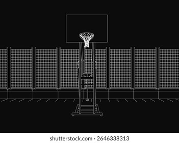 Um arco de basquete preto e branco com uma backboard detalhada fica contra um fundo escuro, enfatizando o contraste e a simplicidade. As linhas limpas e o estilo monocromático criam uma impressão impressionante e minimalista.