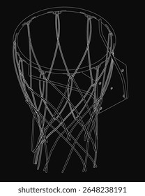 A black and white basketball hoop with an intricately drawn net stands out against a solid black background. The detailed linework highlights the texture of the net and the hoop's structure, creating.