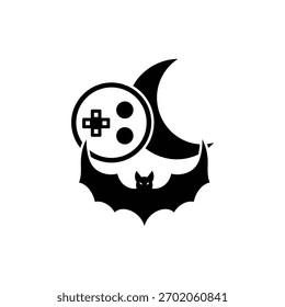 Black and white bat and moon icon with gaming controller design