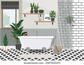 Black and white bathroom with fish on the walls.