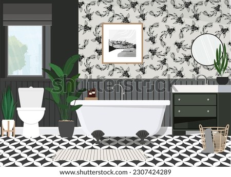 Black and white bathroom with fish on the walls.