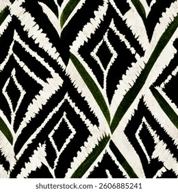 Black and white batik fabric with green lines in the shape of diamonds, grunge lines ikat pattern, striped seamless pattern, Vector illustration background for print the paper.