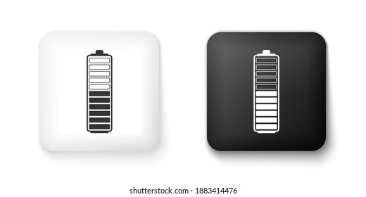 Icono indicador del nivel de carga de la batería en blanco y negro aislado en fondo blanco. Carga de la batería - señal de alimentación. Símbolo de electricidad - signo de energía. Botón cuadrado. Vector.