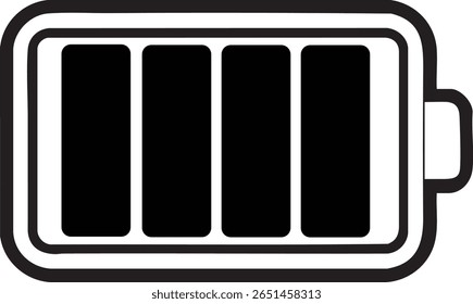 Icono blanco y negro de la batería con cuatro segmentos que indican el nivel de Recargo aislado en fondo transparente