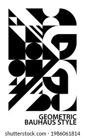 Schwarz-weißer Bauhausstil-Hintergrund. Geometrisch, Kreis, Dreieck, Quadrat, Rautenform. Textur Design für Druck, Cover, Poster, Flyer, Broschüre, Banner, Wand. Vektorgrafik.